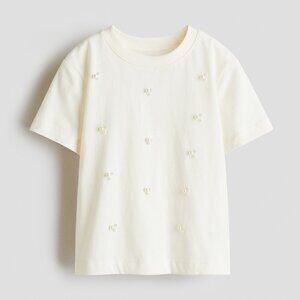 H&M Cotton T-Shirt with pearl embellishments  5T/6 (4-6Y)